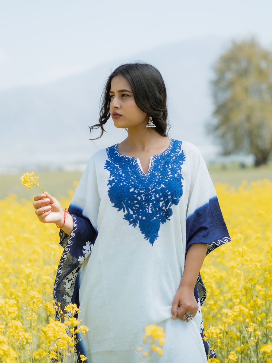 Kohsar White Cotton Kaftan with Indigo Valley Aari Embroidery - KaarKash